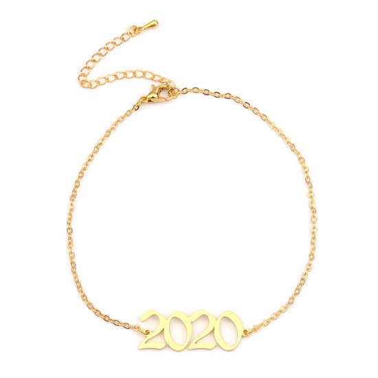 304 Stainless Steel Year Anklet Gold Plated Number Message " 2020 " 21cm(8 2/8") long, 1 Piece の画像