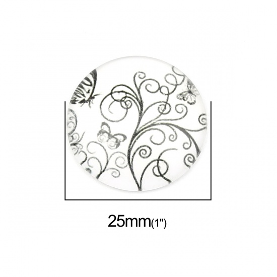 Picture of Glass Insect Dome Seals Cabochon Round Flatback Black & White Butterfly Pattern 25mm Dia, 20 PCs