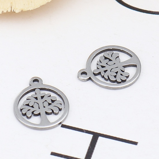 Immagine di 304 Stainless Steel Charms Round Silver Tone Tree 12mm x 10mm, 10 PCs