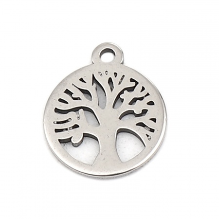 Immagine di 304 Stainless Steel Charms Round Silver Tone Tree 12mm x 10mm, 10 PCs