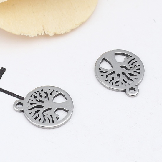 Immagine di 304 Stainless Steel Charms Round Silver Tone Tree 12mm x 10mm, 10 PCs