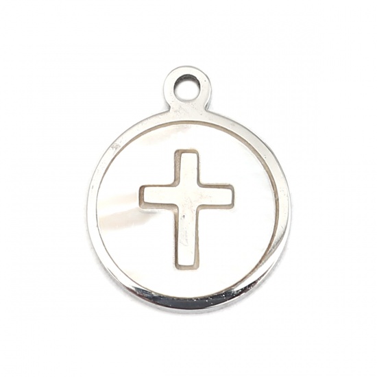 Picture of 304 Stainless Steel & Natural Shell Religious Charms Round Disc Silver Tone Creamy-White Cross 12mm x 10mm, 1 Piece