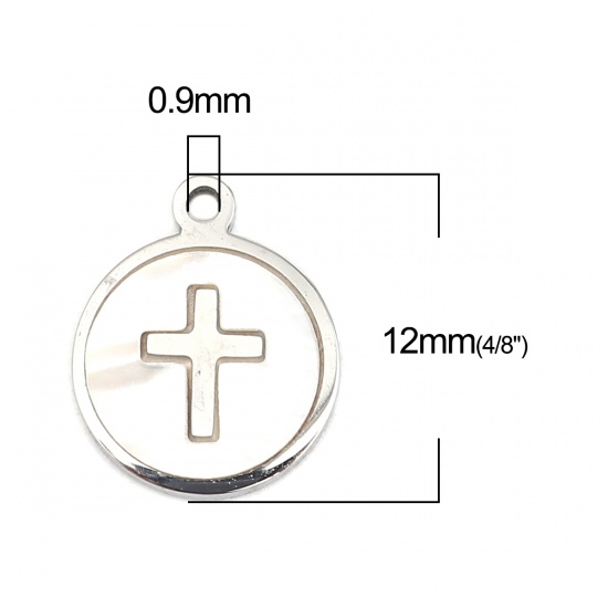 Picture of 304 Stainless Steel & Natural Shell Religious Charms Round Disc Silver Tone Creamy-White Cross 12mm x 10mm, 1 Piece