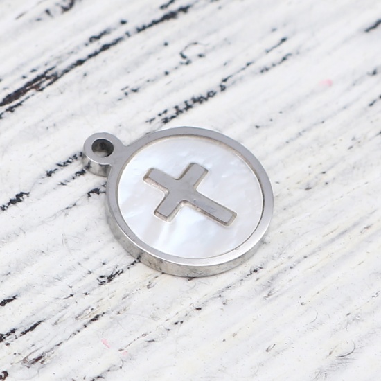 Picture of 304 Stainless Steel & Natural Shell Religious Charms Round Disc Silver Tone Creamy-White Cross 12mm x 10mm, 1 Piece
