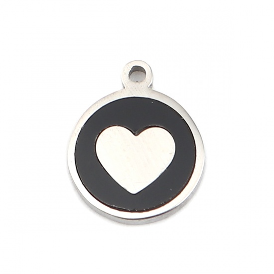 Picture of 304 Stainless Steel & Natural Shell Charms Round Disc Silver Tone Black Heart 12mm x 10mm, 1 Piece