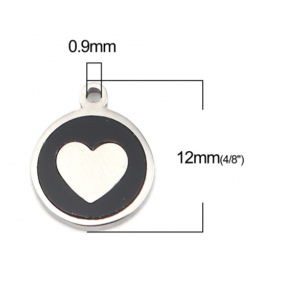Picture of 304 Stainless Steel & Natural Shell Charms Round Disc Silver Tone Black Heart 12mm x 10mm, 1 Piece