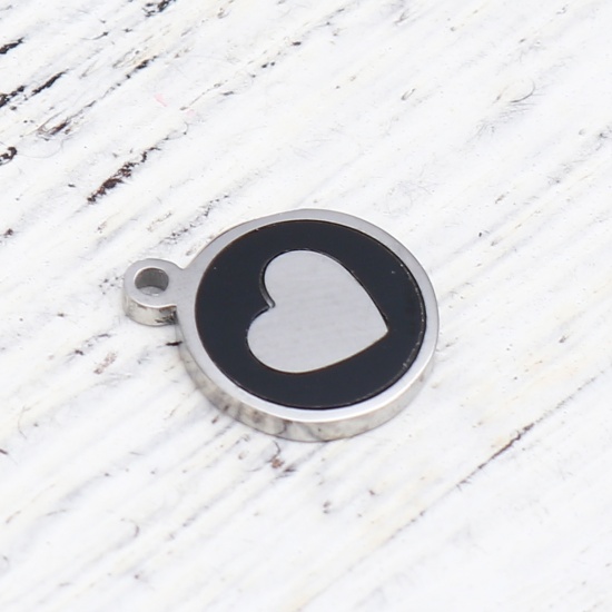 Picture of 304 Stainless Steel & Natural Shell Charms Round Disc Silver Tone Black Heart 12mm x 10mm, 1 Piece
