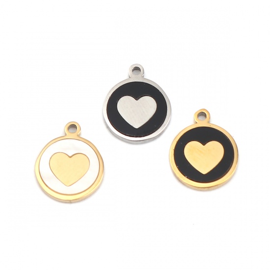 Picture of 304 Stainless Steel & Natural Shell Charms Round Disc Silver Tone Black Heart 12mm x 10mm, 1 Piece
