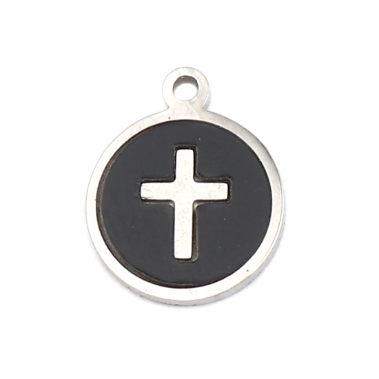 Picture of 304 Stainless Steel & Natural Shell Religious Charms Round Disc Silver Tone Black Cross 12mm x 10mm, 1 Piece