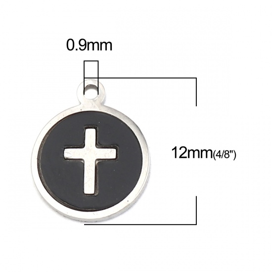 Picture of 304 Stainless Steel & Natural Shell Religious Charms Round Disc Silver Tone Black Cross 12mm x 10mm, 1 Piece
