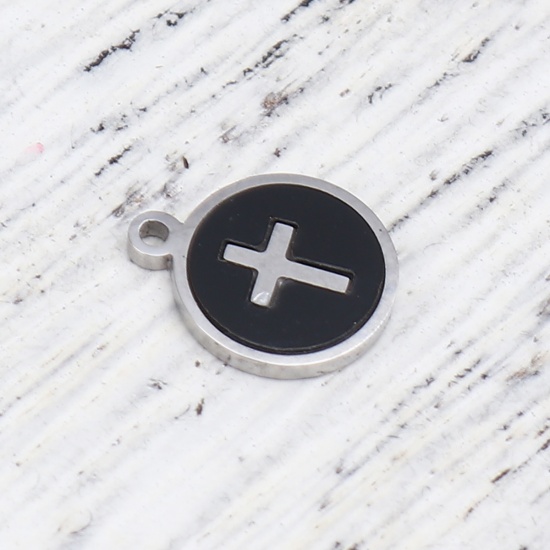 Picture of 304 Stainless Steel & Natural Shell Religious Charms Round Disc Silver Tone Black Cross 12mm x 10mm, 1 Piece