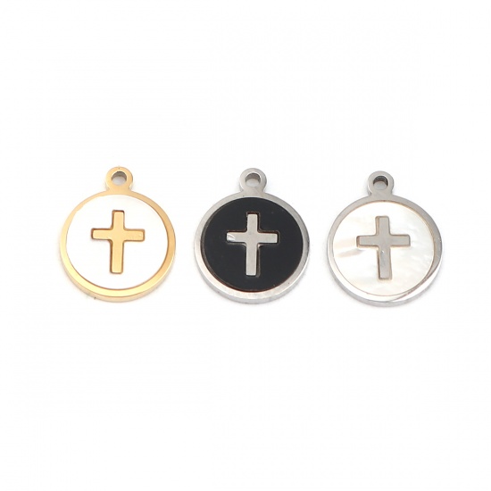 Picture of 304 Stainless Steel & Natural Shell Religious Charms Round Disc Silver Tone Black Cross 12mm x 10mm, 1 Piece