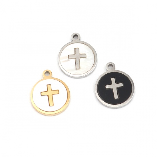 Picture of 304 Stainless Steel & Natural Shell Religious Charms Round Disc Silver Tone Black Cross 12mm x 10mm, 1 Piece