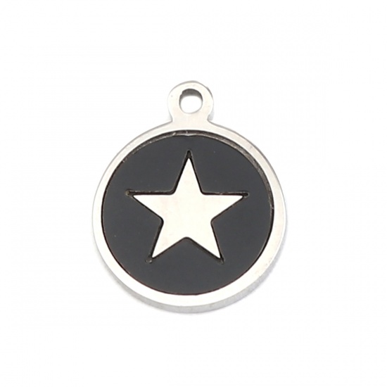 Изображение 304 Stainless Steel & Shell Charms Round Silver Tone Black Pentagram Star 12mm x 10mm, 1 Piece