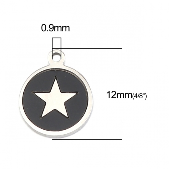 Picture of 304 Stainless Steel & Natural Shell Charms Round Disc Silver Tone Black Pentagram Star 12mm x 10mm, 1 Piece