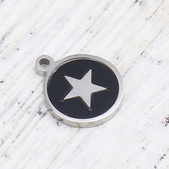 Picture of 304 Stainless Steel & Natural Shell Charms Round Disc Silver Tone Black Pentagram Star 12mm x 10mm, 1 Piece