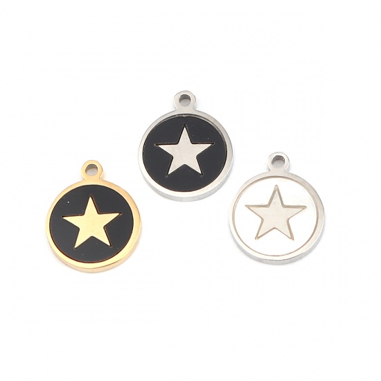 Picture of 304 Stainless Steel & Natural Shell Charms Round Disc Silver Tone Black Pentagram Star 12mm x 10mm, 1 Piece
