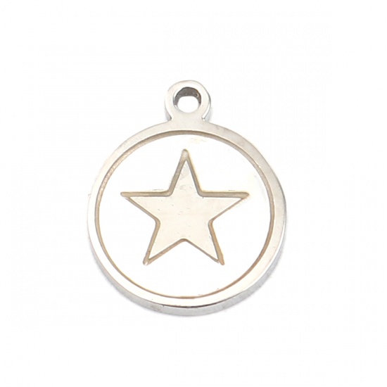 Изображение 304 Stainless Steel & Shell Charms Round Silver Tone Creamy-White Pentagram Star 12mm x 10mm, 1 Piece