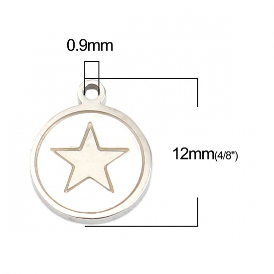 Picture of 304 Stainless Steel & Natural Shell Charms Round Disc Silver Tone Creamy-White Pentagram Star 12mm x 10mm, 1 Piece