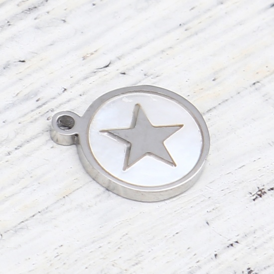 Picture of 304 Stainless Steel & Natural Shell Charms Round Disc Silver Tone Creamy-White Pentagram Star 12mm x 10mm, 1 Piece
