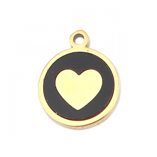 Picture of 304 Stainless Steel & Natural Shell Charms Round Disc Gold Plated Black Heart 12mm x 10mm, 1 Piece