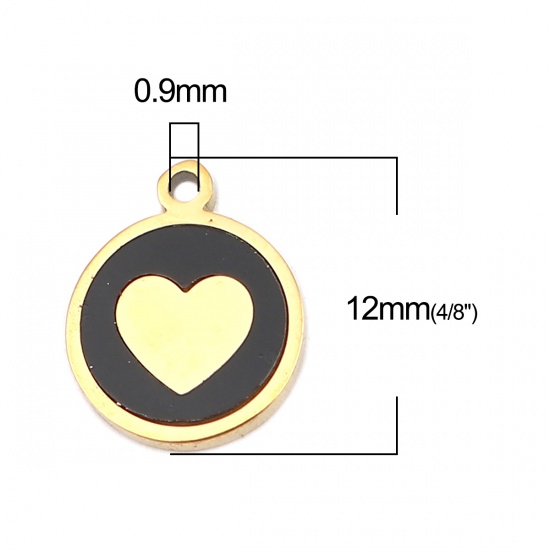 Picture of 304 Stainless Steel & Natural Shell Charms Round Disc Gold Plated Black Heart 12mm x 10mm, 1 Piece