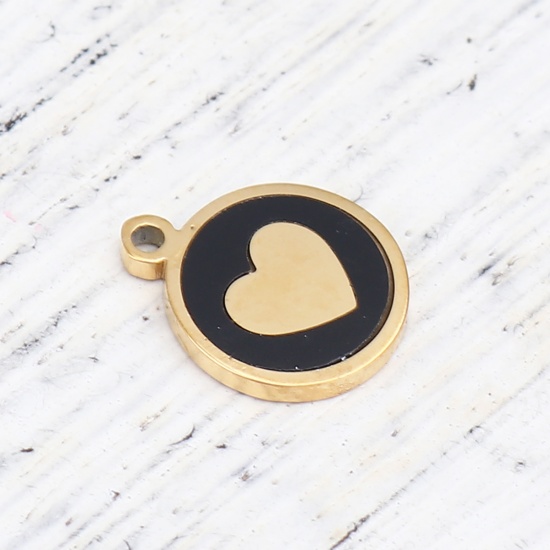 Picture of 304 Stainless Steel & Natural Shell Charms Round Disc Gold Plated Black Heart 12mm x 10mm, 1 Piece