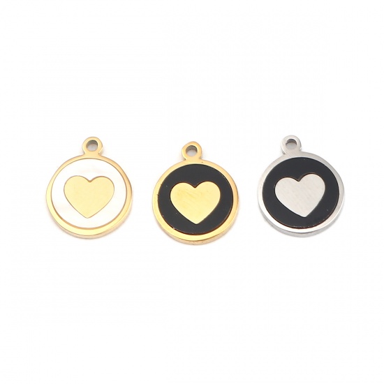Picture of 304 Stainless Steel & Natural Shell Charms Round Disc Gold Plated Black Heart 12mm x 10mm, 1 Piece