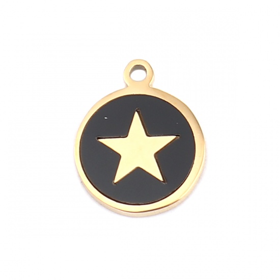 Picture of 304 Stainless Steel & Natural Shell Charms Round Disc Gold Plated Black Pentagram Star 12mm x 10mm, 1 Piece
