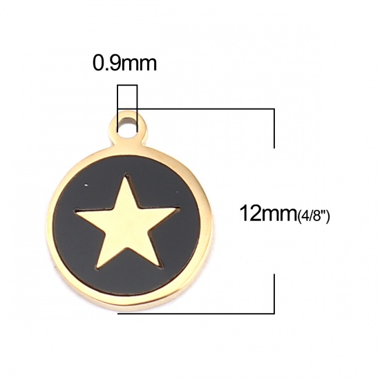 Picture of 304 Stainless Steel & Natural Shell Charms Round Disc Gold Plated Black Pentagram Star 12mm x 10mm, 1 Piece