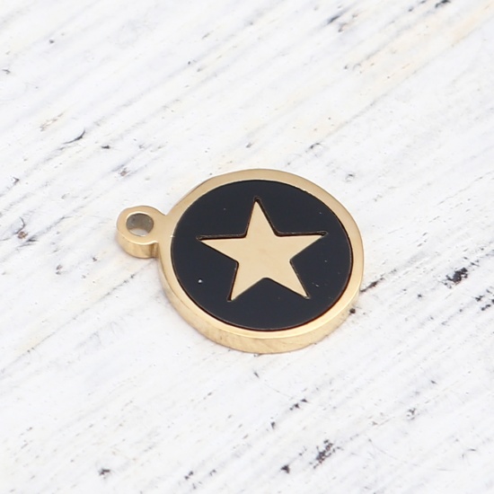Picture of 304 Stainless Steel & Natural Shell Charms Round Disc Gold Plated Black Pentagram Star 12mm x 10mm, 1 Piece