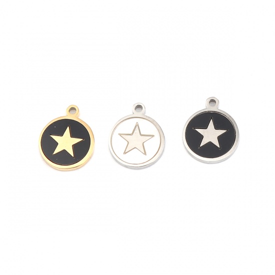 Picture of 304 Stainless Steel & Natural Shell Charms Round Disc Gold Plated Black Pentagram Star 12mm x 10mm, 1 Piece