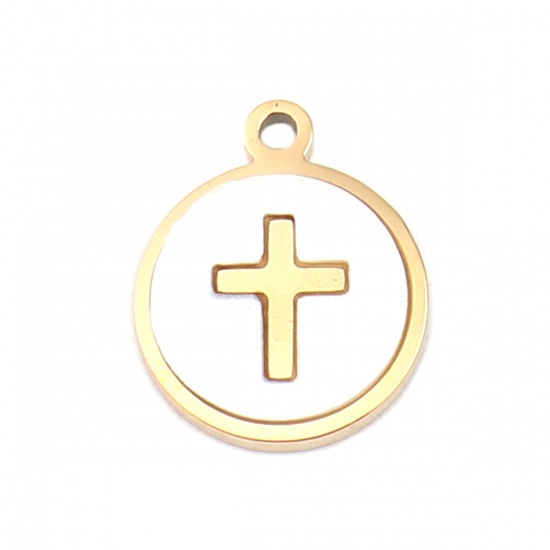 Bild von 304 Edelstahl & Muschel Religiös Charms Rund Vergoldet Grauweiß Kreuz 12mm x 10mm, 1 Stück