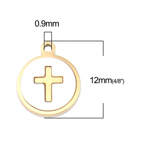 Picture of 304 Stainless Steel & Natural Shell Religious Charms Round Disc Gold Plated Creamy-White Cross 12mm x 10mm, 1 Piece