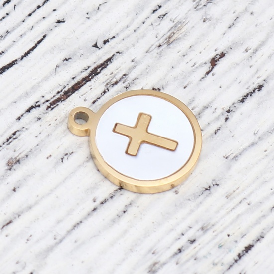 Picture of 304 Stainless Steel & Natural Shell Religious Charms Round Disc Gold Plated Creamy-White Cross 12mm x 10mm, 1 Piece