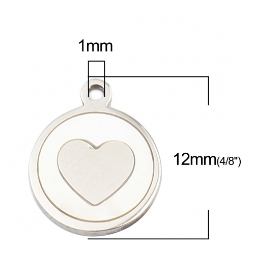 Picture of 304 Stainless Steel & Natural Shell Charms Round Disc Silver Tone Heart 12mm x 10mm, 1 Piece