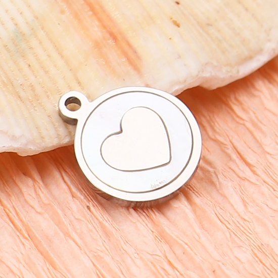 Picture of 304 Stainless Steel & Natural Shell Charms Round Disc Silver Tone Heart 12mm x 10mm, 1 Piece