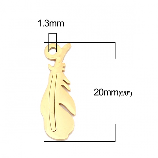 Picture of 304 Stainless Steel Charms Feather Gold Plated 20mm x 7mm, 5 PCs