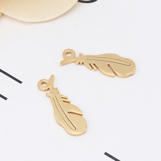 Picture of 304 Stainless Steel Charms Feather Gold Plated 20mm x 7mm, 5 PCs