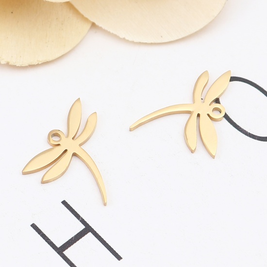 Picture of 304 Stainless Steel Insect Charms Dragonfly Animal Gold Plated 17mm x 15mm, 5 PCs