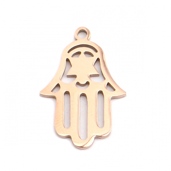 Picture of 304 Stainless Steel Religious Charms Hamsa Symbol Hand Rose Gold 20mm x 13mm, 5 PCs