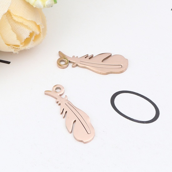 Picture of 304 Stainless Steel Charms Feather Rose Gold 20mm x 7mm, 5 PCs