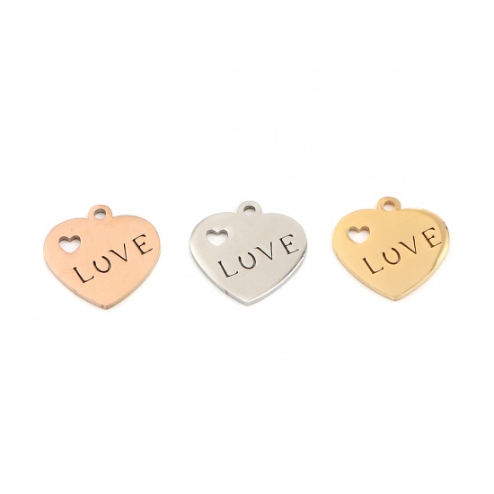Picture of 304 Stainless Steel Valentine's Day Charms Heart Rose Gold Message " LOVE " 16mm x 16mm, 5 PCs