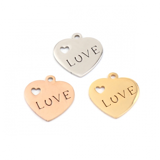 Picture of 304 Stainless Steel Valentine's Day Charms Heart Rose Gold Message " LOVE " 16mm x 16mm, 5 PCs