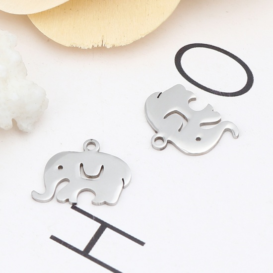 Picture of 304 Stainless Steel Charms Elephant Animal Silver Tone 16mm x 12mm, 10 PCs