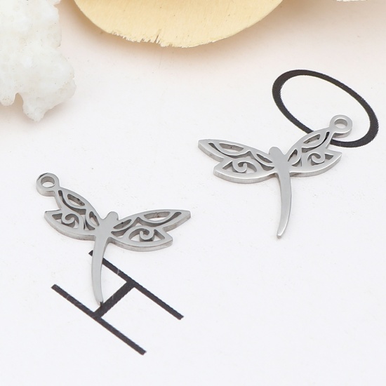 Picture of 304 Stainless Steel Insect Charms Dragonfly Animal Silver Tone 19mm x 16mm, 10 PCs