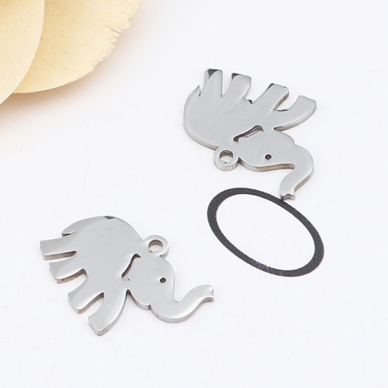 Picture of 304 Stainless Steel Charms Elephant Animal Silver Tone 17mm x 13mm, 10 PCs