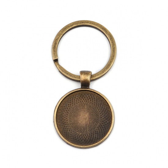 Immagine di Zinc Based Alloy Keychain & Keyring Antique Bronze Round Cabochon Settings (Fits 25mm Dia.) 60mm x 30mm, 5 PCs