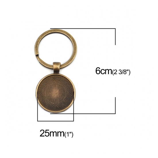 Picture of Zinc Based Alloy Keychain & Keyring Antique Bronze Round Cabochon Settings (Fits 25mm Dia.) 60mm x 30mm, 5 PCs