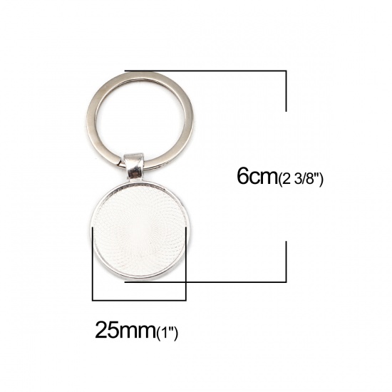 Изображение Zinc Based Alloy Keychain & Keyring Silver Tone Round Cabochon Settings (Fits 25mm Dia.) 60mm x 30mm, 5 PCs